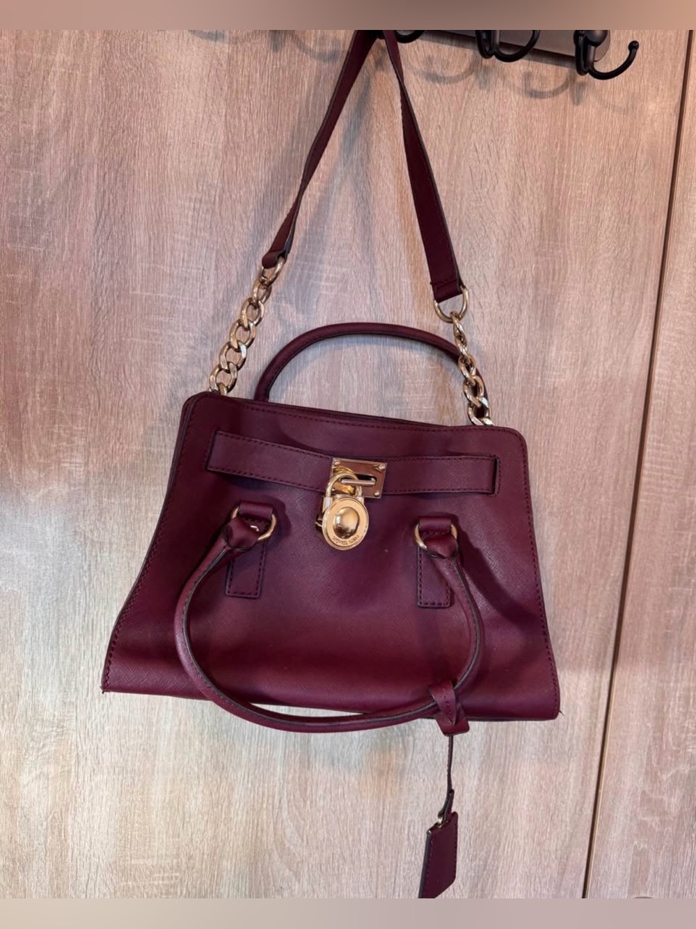 Michael Kors Classic Structured Satchel in Deep Burgundy with Gold Hardware